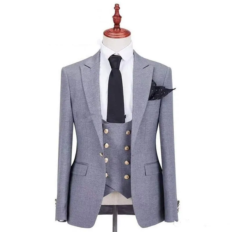 Brand New Grey Groom Tuxedos Peak Lapel Groomsmen Mens Wedding Dress Popular Man Jacket Blazer 3 Piece Suit(Jacket+Pants+Vest+Tie) 886