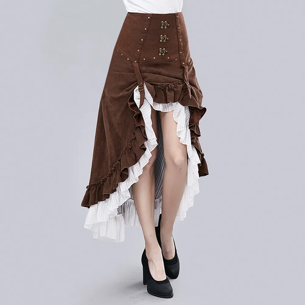 Женщины Викторианский коричневый белый ретро викторианский готический старинный стимпанк кожаный регулируемый асимметричный рюшарный винтаж Hi-Lo юбка Хэллоуин