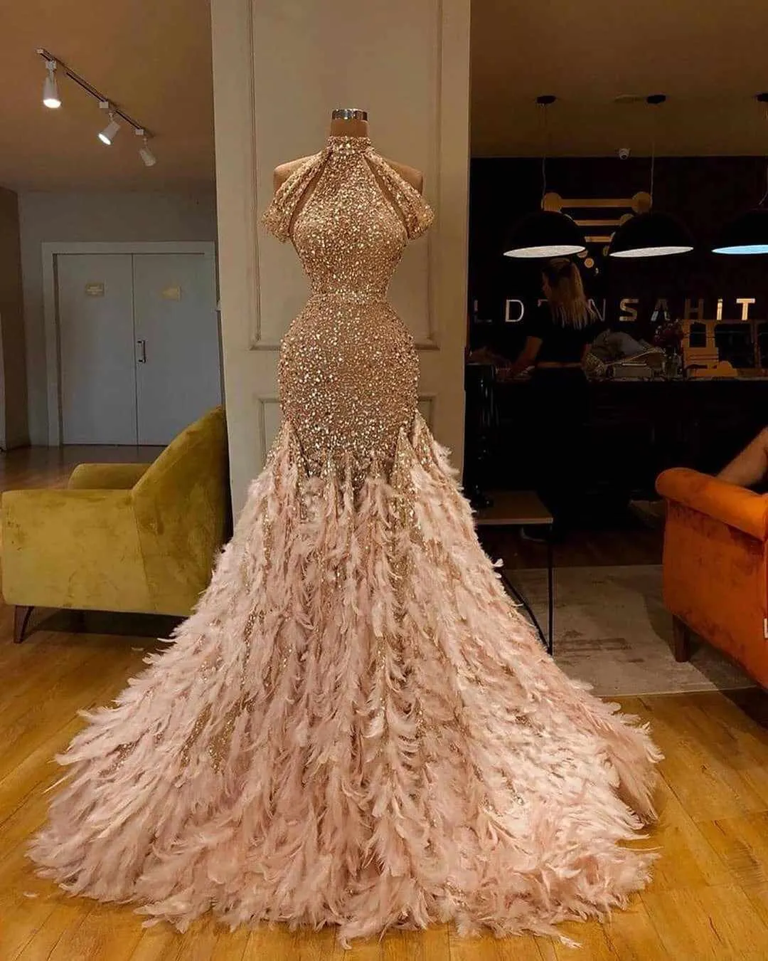 Sparkly Sequined Mermaid Prom Dress with Ostrich Feather High Neck Sweep Train 2024 Formal Occasion Gown