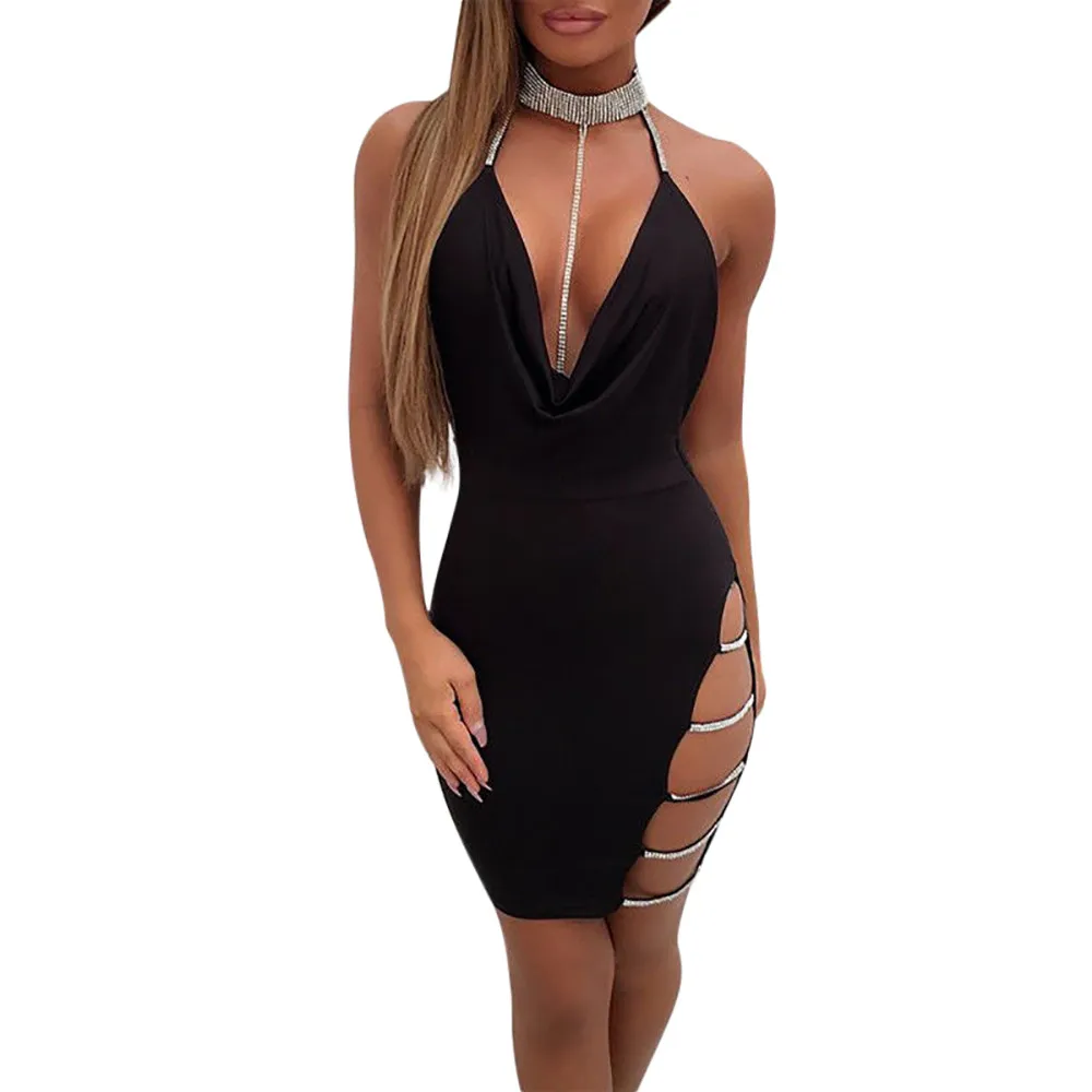 Svart Sexig Party Dress Kvinnor Sommar Mode Deep V Neck Halter Backless Choker Slit Sequin Bodycon Dresses Kvinnor Kläder 2019