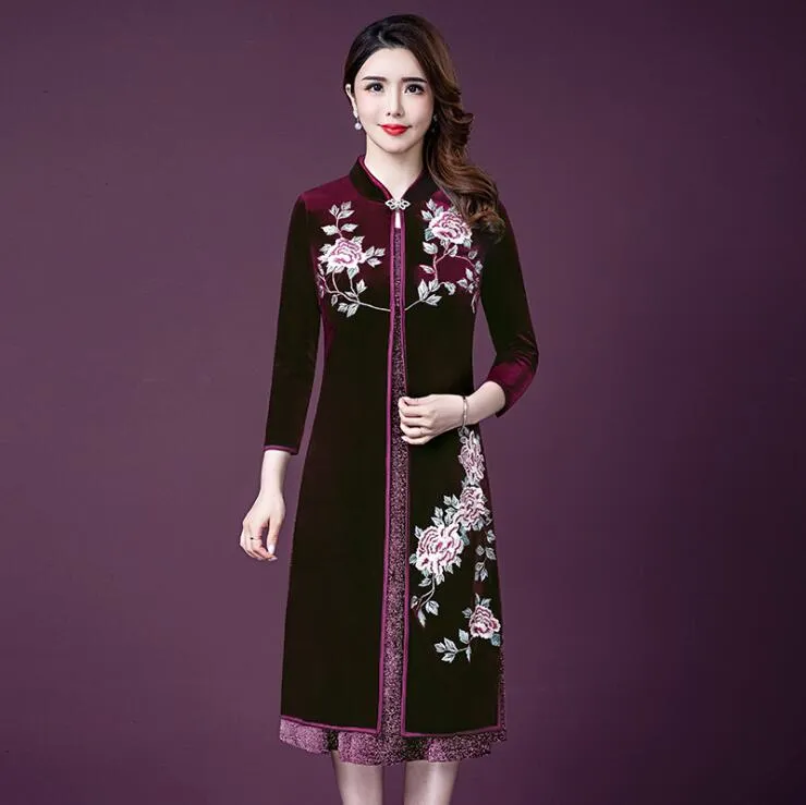 Vintage moeder cheongsam aodai rijke middelbare leeftijd cheongsam lente herfst nieuwe lange elegante vrouwelijke verwested tweedelige jurk hoge kwaliteit