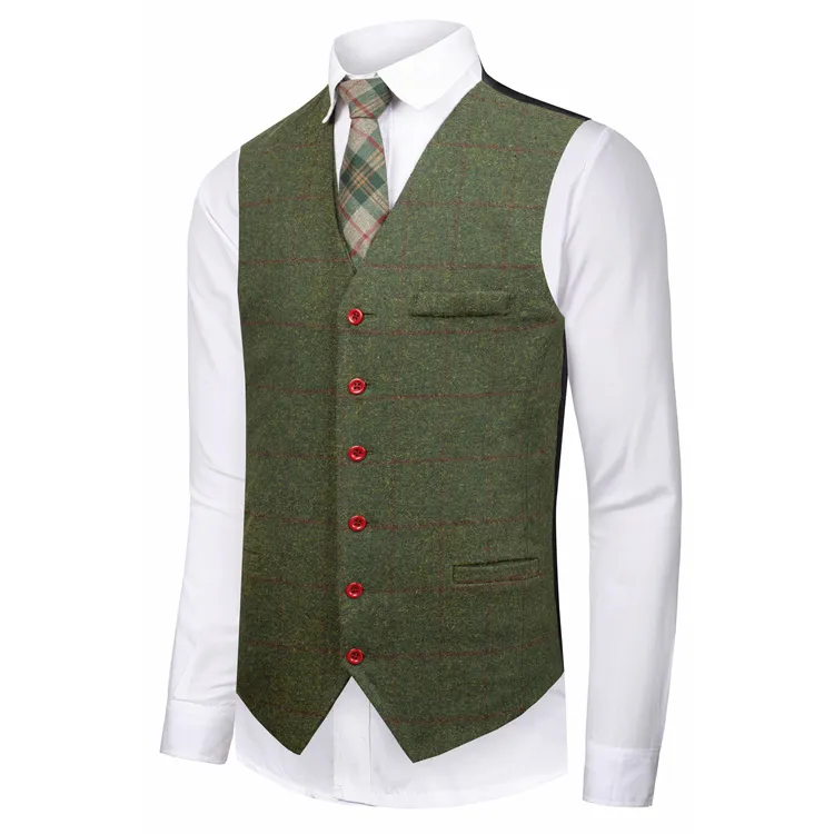 2019 Bristish Green Wedding Groom Vests Wool Plaid Vests Groom Vest Mens Suit Vest Prom Wedding Waistcoat Plus Size