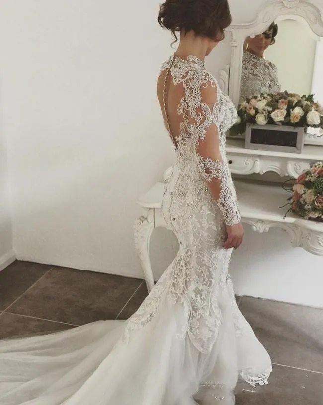 Elegant High Neck Mermaid Wedding Gown With Lace Appliques Beaded