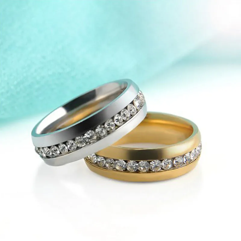 Anillos de boda de cristal de acero inoxidable banda de una fila de diamantes anillo de oro pareja de dedo para mujeres hombres joyería