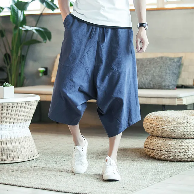 Mens Wide Crotch Harem Shorts Fashion Loose Summer Large Cropped Trousers Wide-Legged Bloomers Chinese Style Flaxen Baggy Men's Short Pants