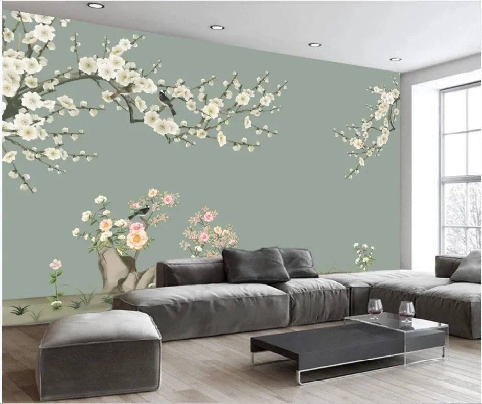 خلفية للجدران 3 د للعيش الزهور والطيور غرفة مرسومة باليد TV خلفية جدار اللوحة