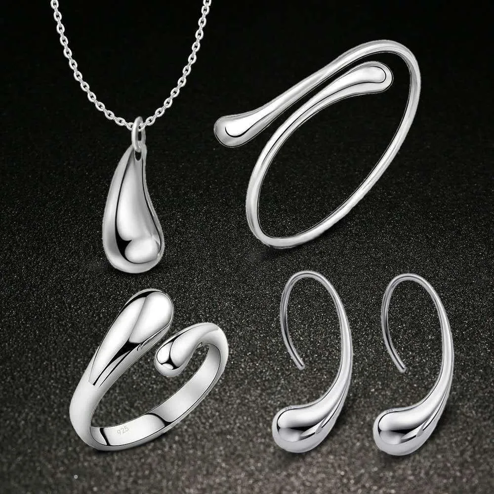 Hot Sale 925 Sterling Silver Plated Water Drop Halsband Örhängen Bangles Ringar Mode Smycken Set Bröllopsgåva Gratis Frakt