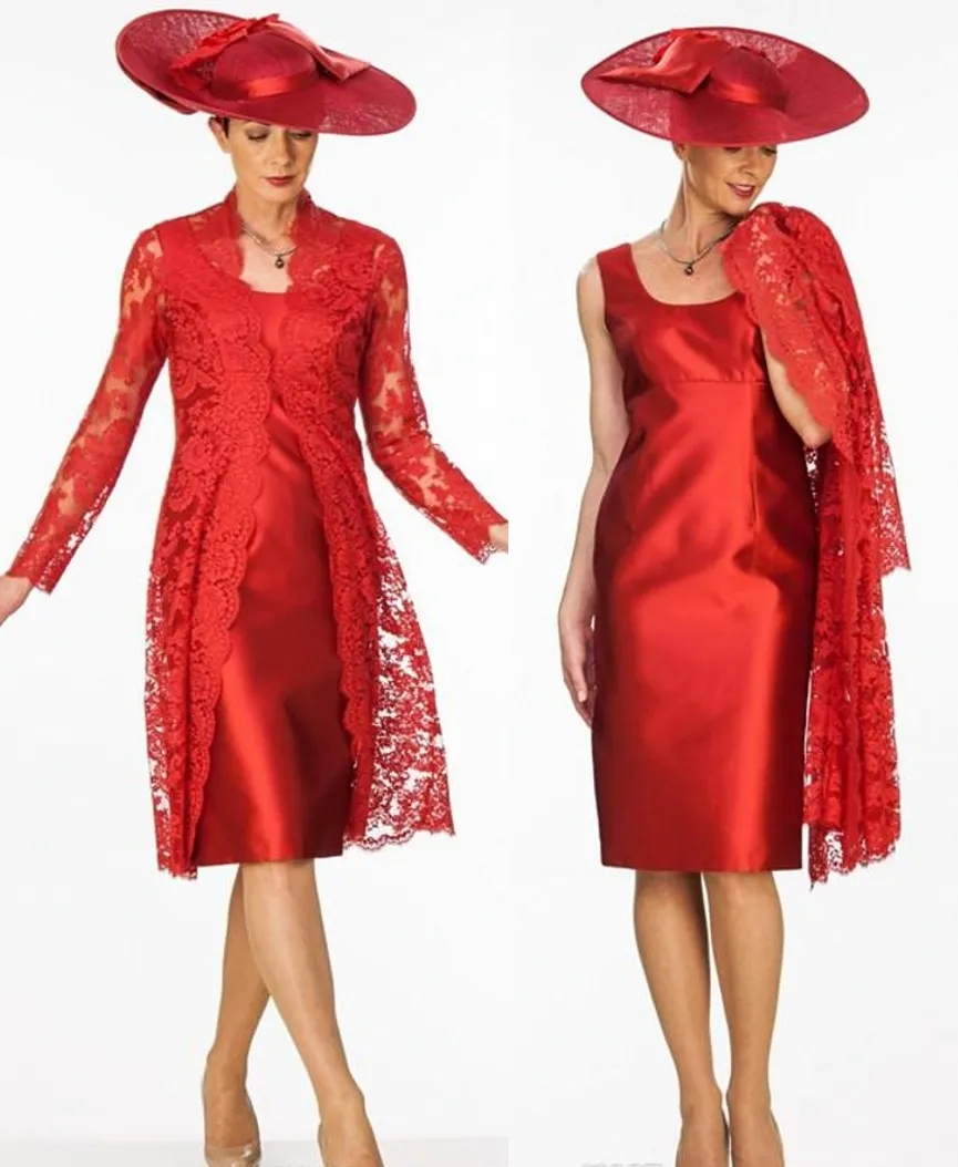 Sheath Red MMother Of The Bride Suits Two Pieces With Long Lace