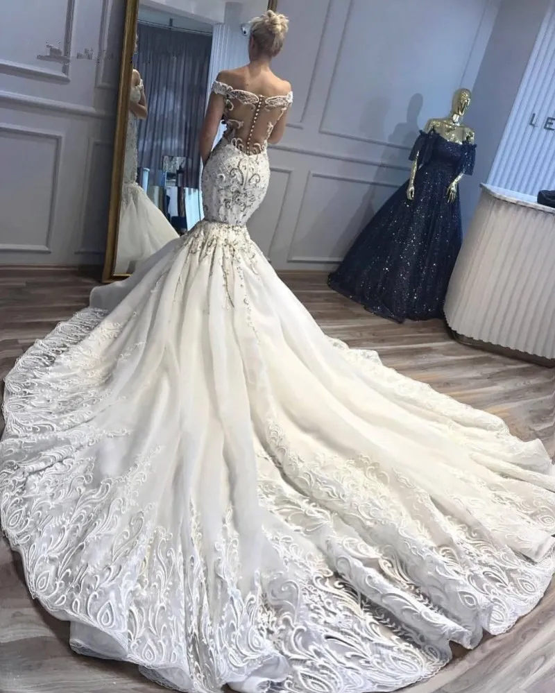 Off Shoulder Arabic Mermaid Wedding Dress With Beaded Court Train