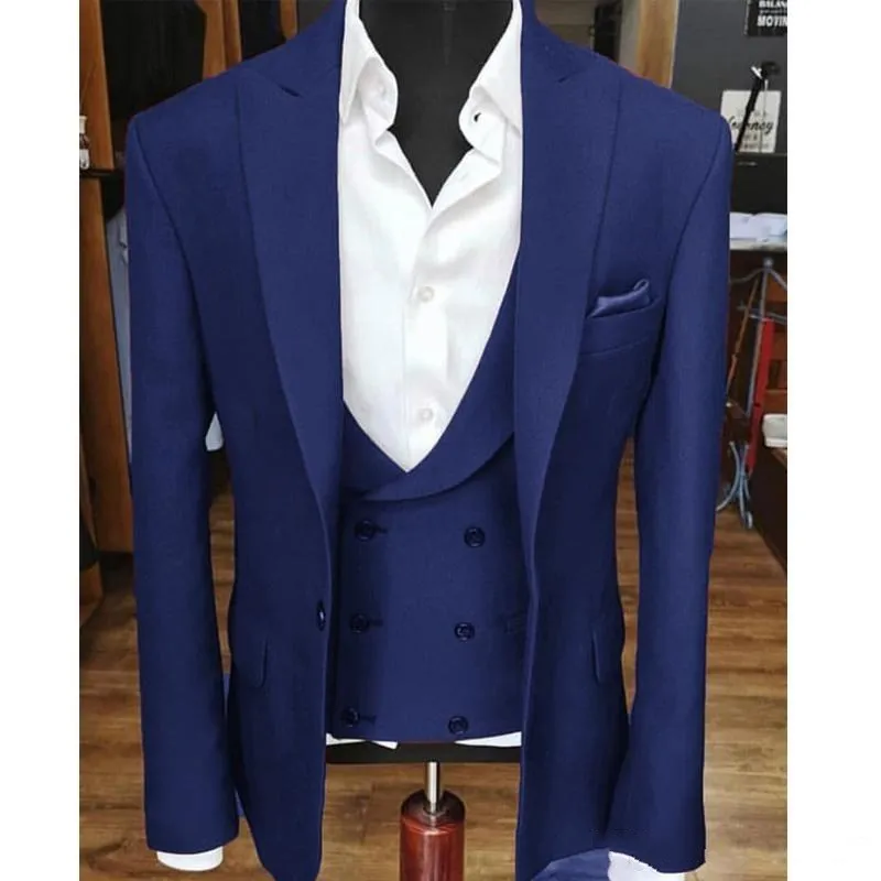 Ny ankomst One Button Blue Groom Tuxedos Peak Lapel Män Bröllopsfest Groomsmen 3 stycken kostymer (jacka + byxor + väst + slips) K143