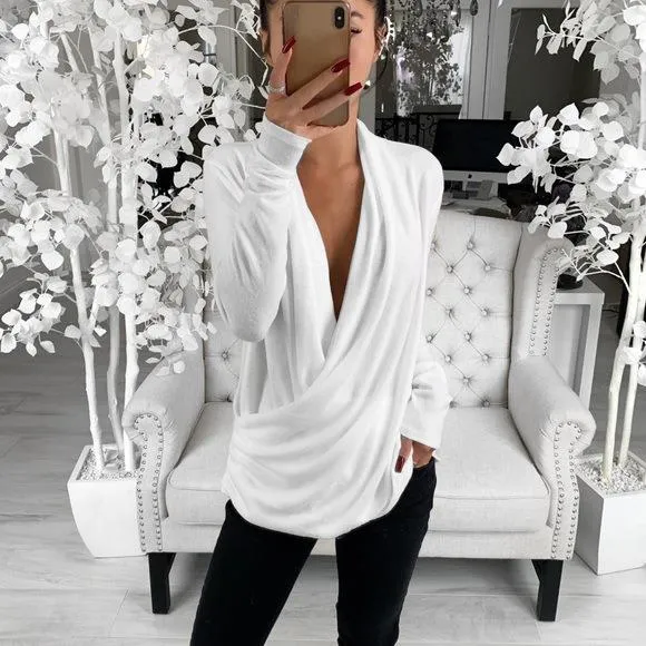 Women Sexy White Low-Cut Top Fashion Wild Shirt Black Slim Soft Tops Solid Long Sleeve Blouse