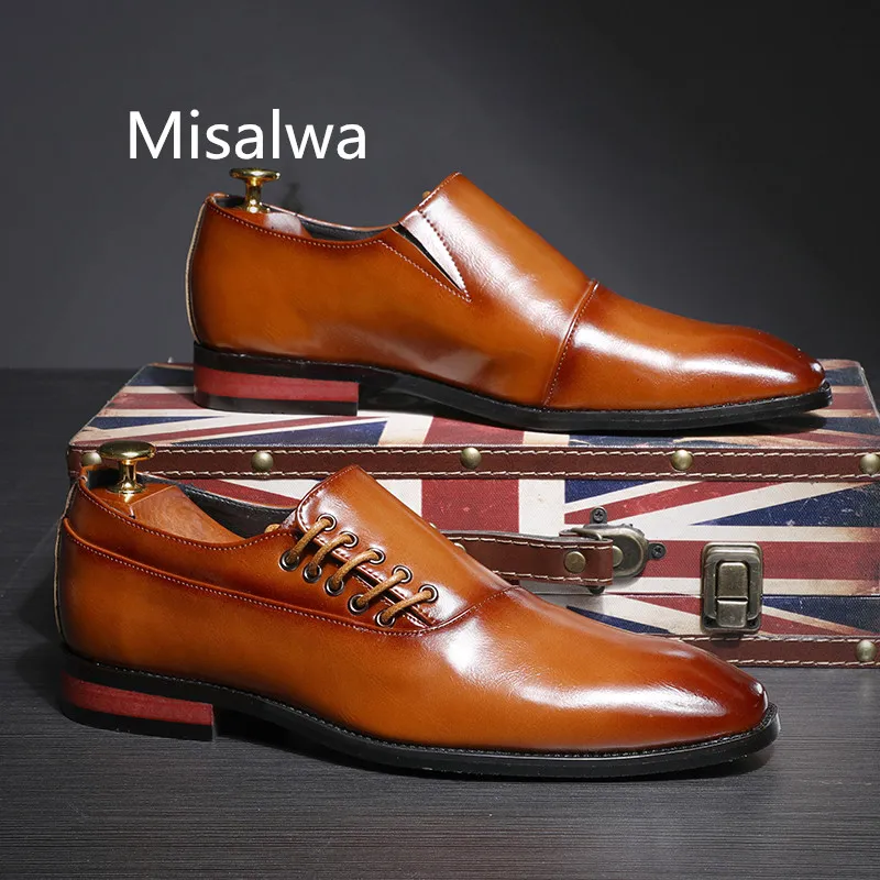 Misalwa 2019 nouvelle robe en cuir formelle hommes chaussures marron rouge noir costume d'affaires polyvalent chaussures décontractées mâle classique plat grande taille
