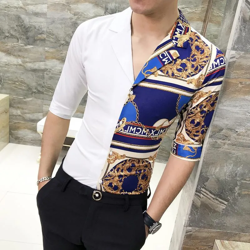 Luxe Goud Bedrukte Shirts Mannen Casual Slim Fit Shirt Half Mouw Camisa Ontwerpers Sociale Club Party Shirts Camiseta Masculina13106