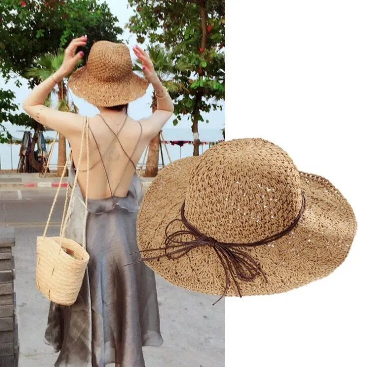 (14) 여성 밀짚 모자와 활 매듭 수제 태양 모자 스냅 백 패션 접는 Gorras 챙이 넓은 모자 썬 보닛 디자인
