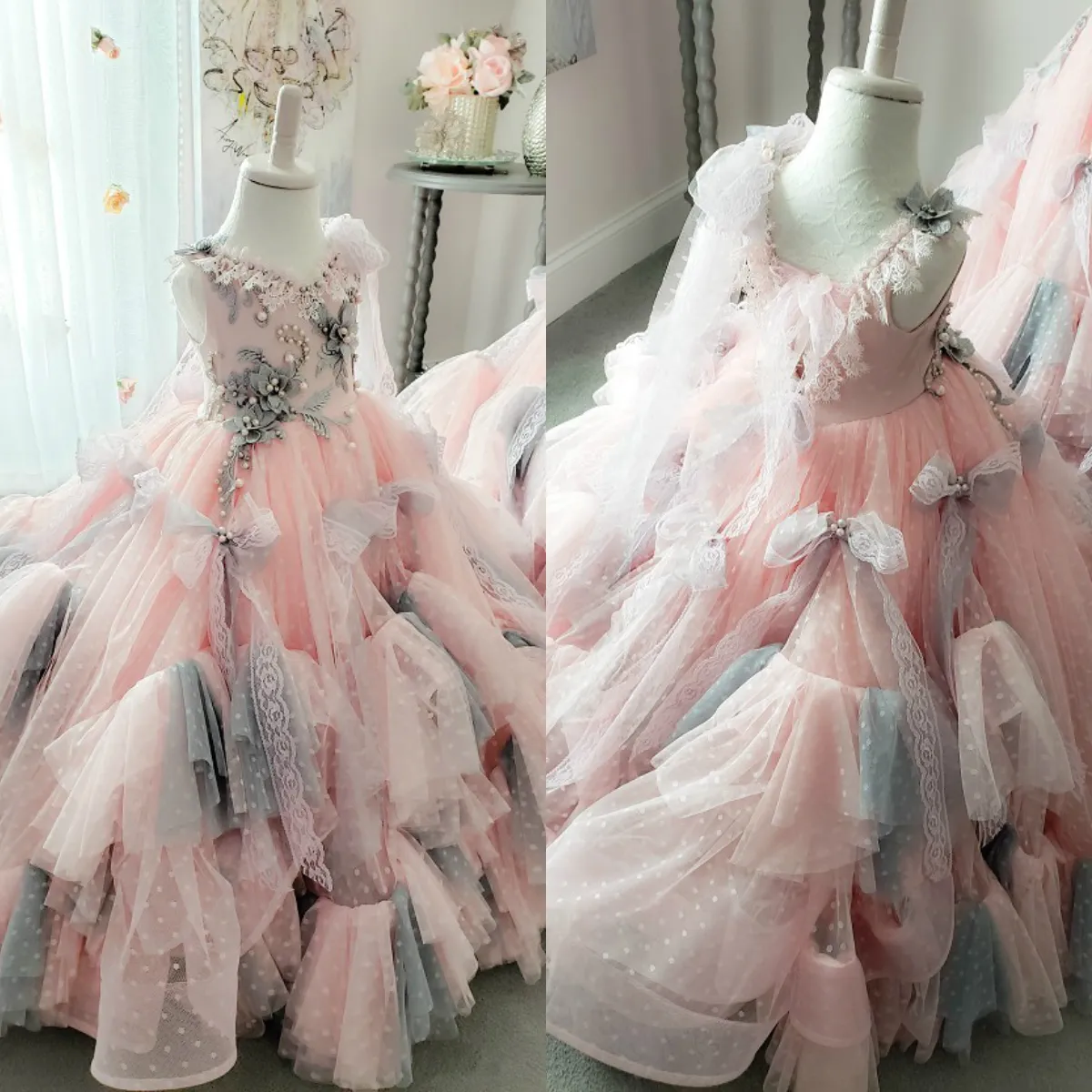 Bohemian 2020 rosa blomma tjejer klänningar för bröllop pärlstav ädelstenar Kidsformella slitage Tiered kjolar Bow Pageant Gown Vestidos de Primera