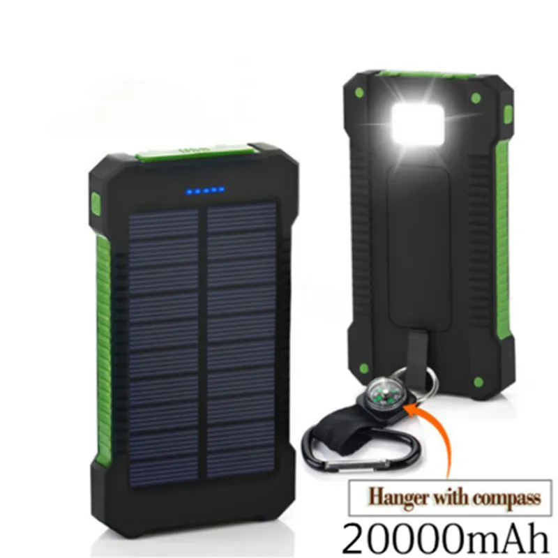 20000mAh 태양 전원 은행 방수 충전기 듀얼 USB 외부 충전기 야외 모바일 휴대용 배터리 PowerBank