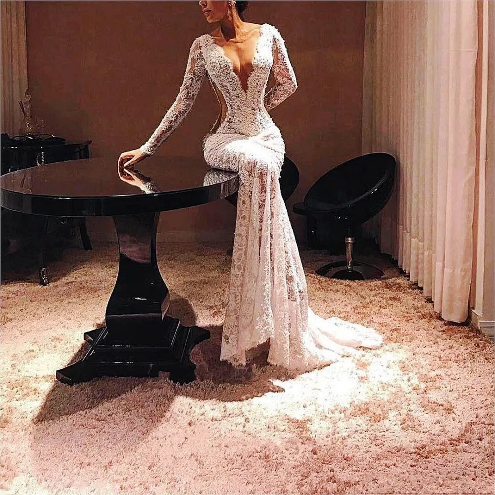 2020 Mermaid Evening Gown With Illusion Sequins And Cutaway Sides Full Lace  Deep V Prom Dress With Long Sleeves For Formal Parties From Click_me,  $125.63 | DHgate.Com