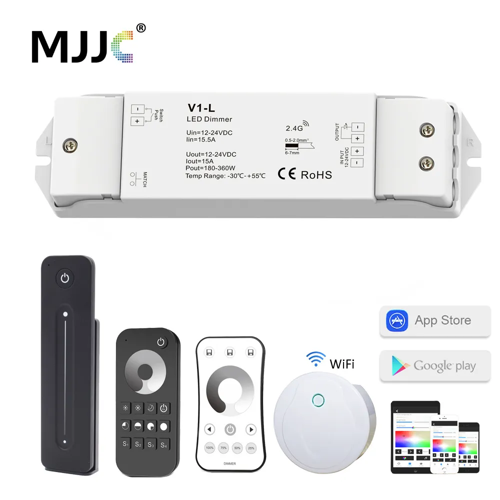 V1-L LED Dimmer 12V 24V 1CH 15A PWM Stepless Dimming Switch Wifi RF 2.4G Wireless RF Remote