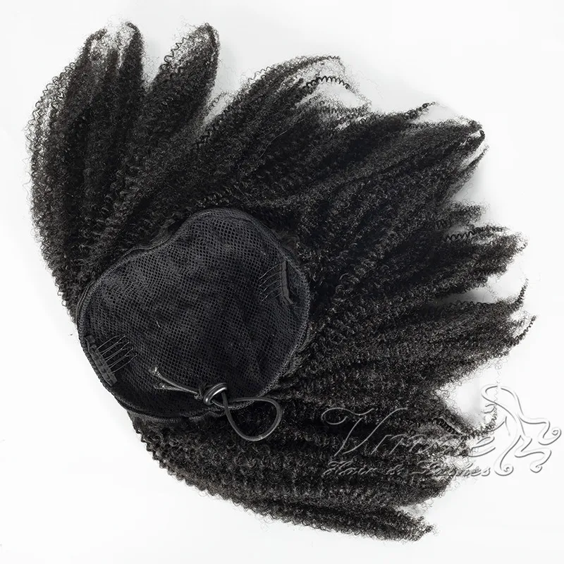 Brasileño Natural Negro Rizado 4C 120g Cola de caballo Cutícula Alineada Banda elástica Cordón Cola de caballo Extensión del cabello humano virgen