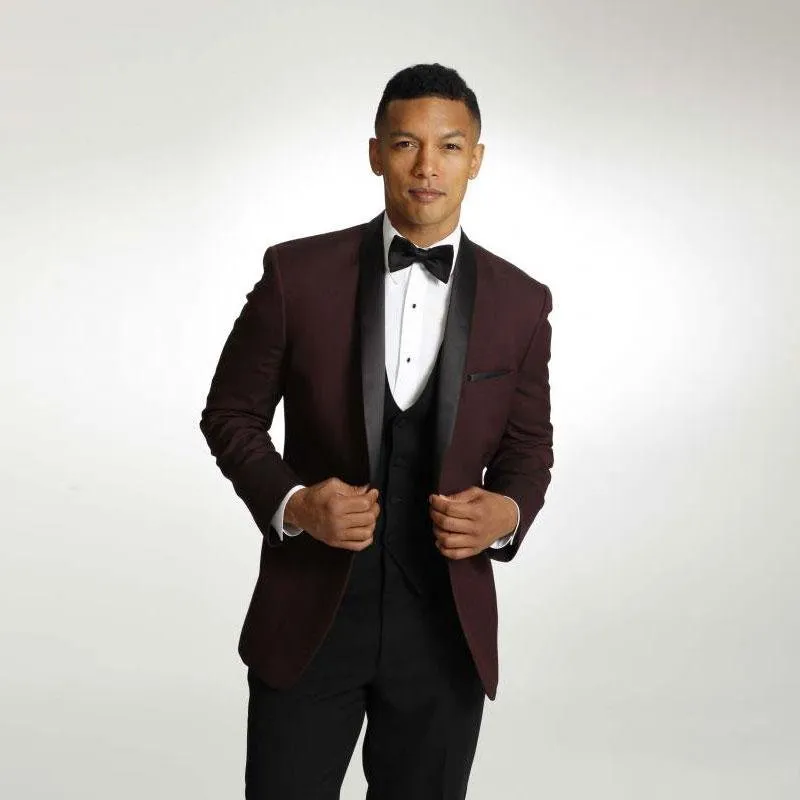 Slim Fit Un Bouton Bourgogne Mariage Marié Tuxedos Châle Revers Garçons D'honneur Hommes Costumes De Bal Blazer (Veste + Pantalon + Gilet + Cravate) NO: 1981