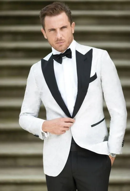 White Mens Wedding Tuxedos Black Peak Lapel Groom Groomsmen Tuxedos Popular Man Blazers Jacket Excellent 2 Piece Suits(Jacket+Pants+Tie)1429