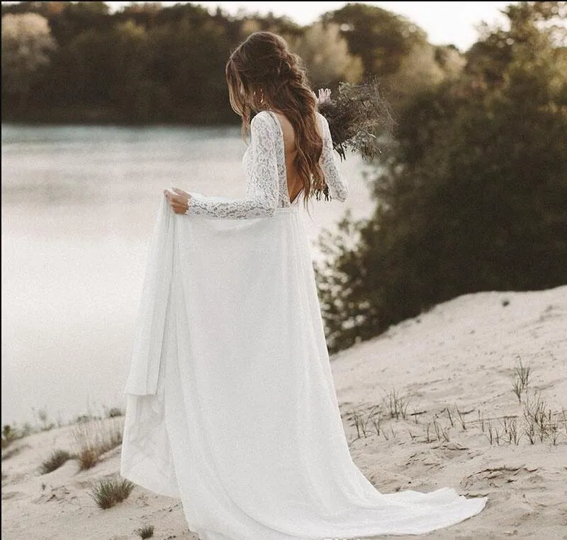 casual lace beach wedding dress Lace Long Sleeves Chiffon Split Beach Wedding Dresses