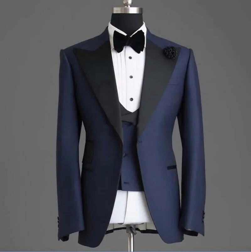 New Real picture One Button Navy Blue Wedding Groom Tuxedos Peak Lapel Groomsmen Mens Dinner Blazer Suits (Jacket+Pants+Vest+Tie) 487