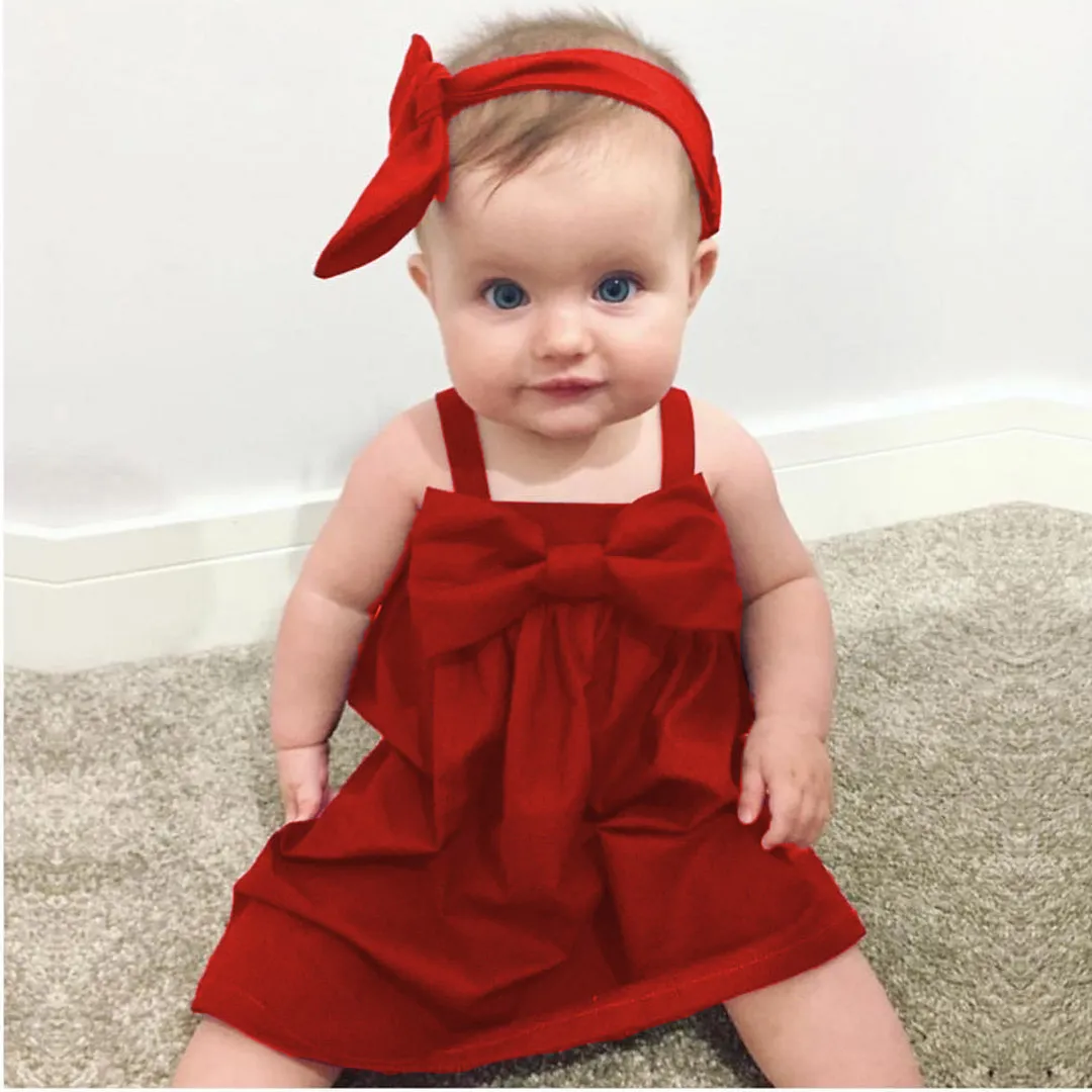 2019 Nouveau Nouveau-Né Bébé Fille Enfant Rouge Bow Strap Robe Robe D'été Doux Mode Outfit Robes 0-3 Ans