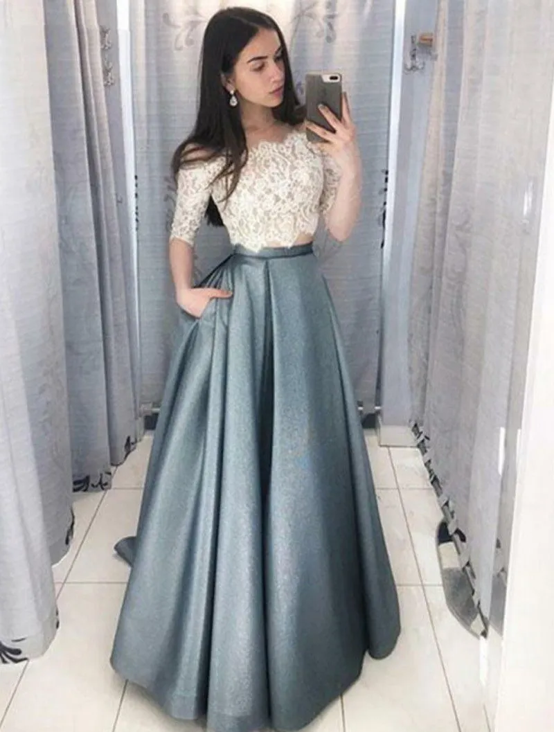 Elegante media manga de encaje vestidos de baile dos piezas largas de satén vestidos de