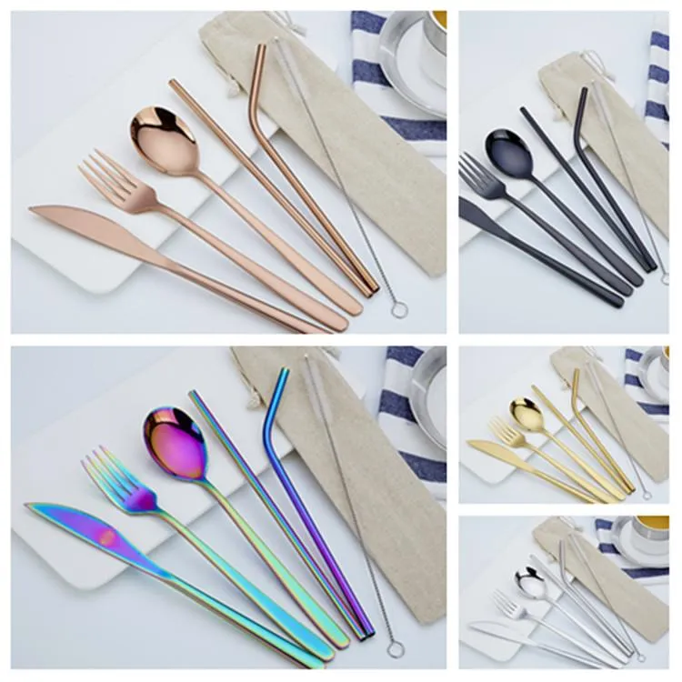 7pcs 1set Stainless Steel Cutlery Set Knife Fork Spoon Straw With Cloth Pack Kitchen Dinnerware Tableware Kit T2I5413