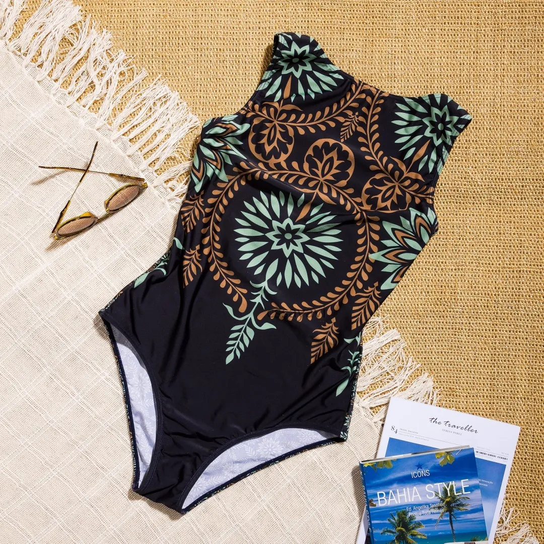 Women s High Neck Boho One Piece Swimsuit Plaid Print Polyester White Gradient Low Waist Beachwear Swimming Party