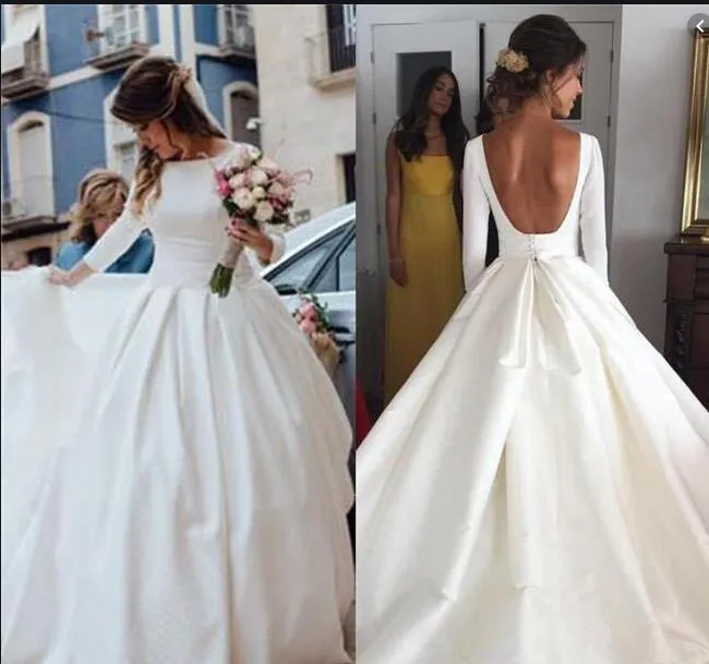 Robes de mariée à manches longues modestes 2019 arabe col en V balayage train robes de mariée formelles Vestidos de novia