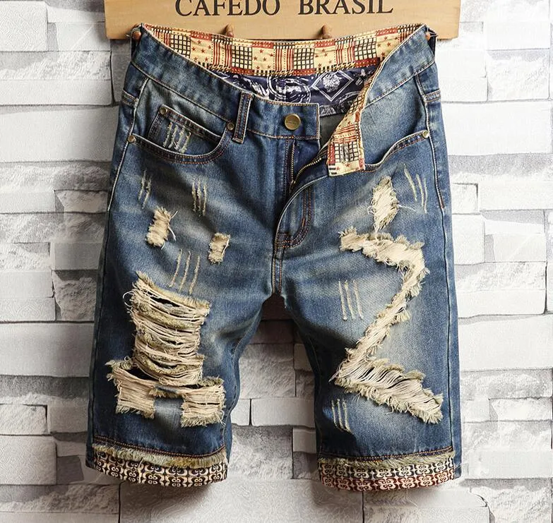 Unique Mens Ripped Denim Shorts Vintage Fashion Designer Washed Knee Length Jeans 2019 Scratched Hip Hop Short pants Trousers 780