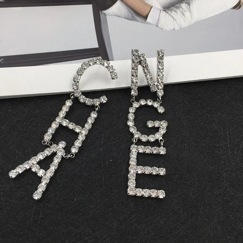 Whole trendy Popular fashion luxury designer exaggerated glitter diamond rhinestone letter CHA dangle chandelier stud earrings260U