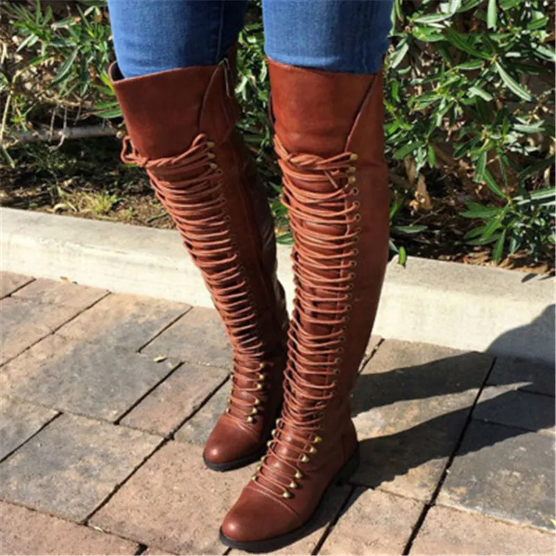 Women Long Boots Lace Up Leather Female Over the Knee Boots Winter Women Shoes Plus Size 34-43 Ladies Boots