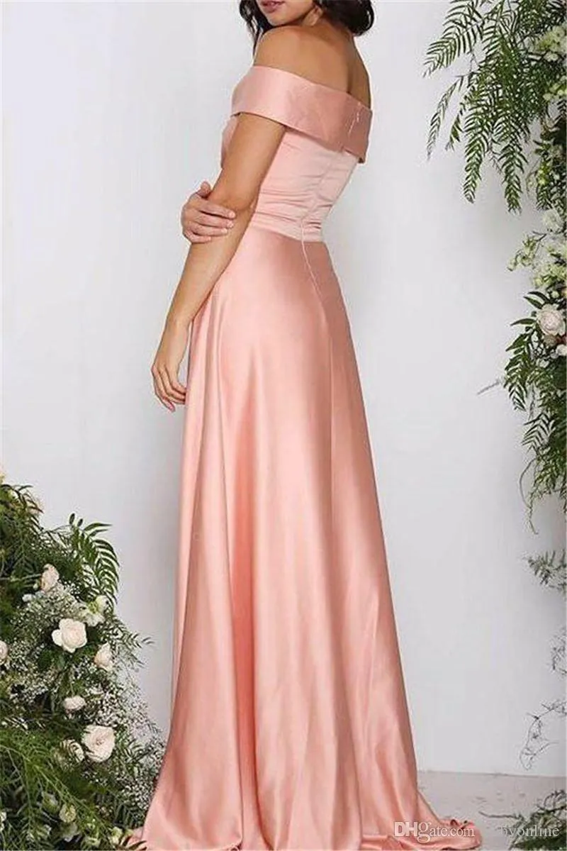 Elegant Peach Pink Off-Shoulder Pink satin bridesmaid dresses for Prom and Evening Events