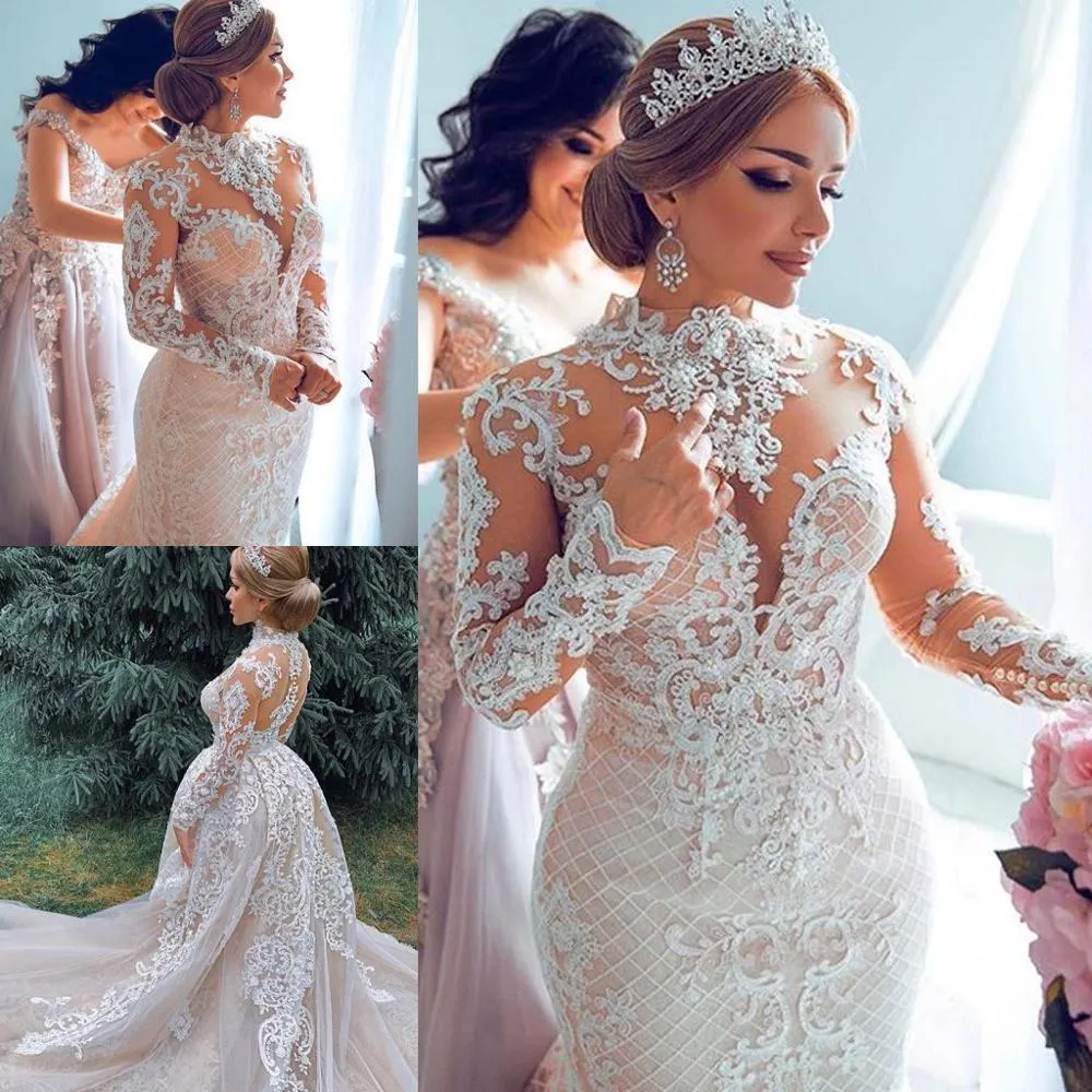 Luxo completa Vestidos de casamento da sereia com overskirts Jewel Neck mangas compridas Applique Capela Trem vestido de casamento vestidos de novia