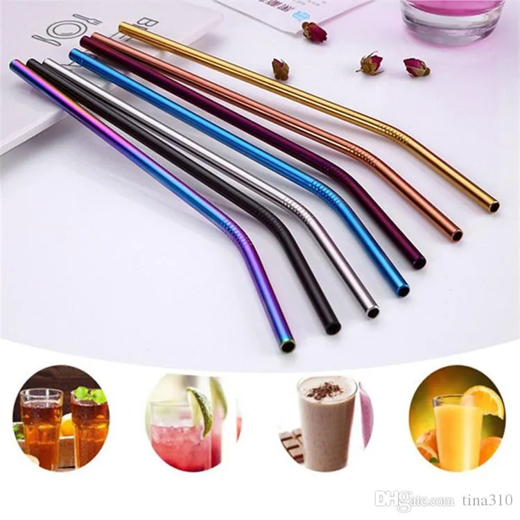 Colorful Stainless Steel Drinking Straw 21.5cm Straight Bent Reusable Straws Juice Party Bar Accessorie 300pcs T1I362