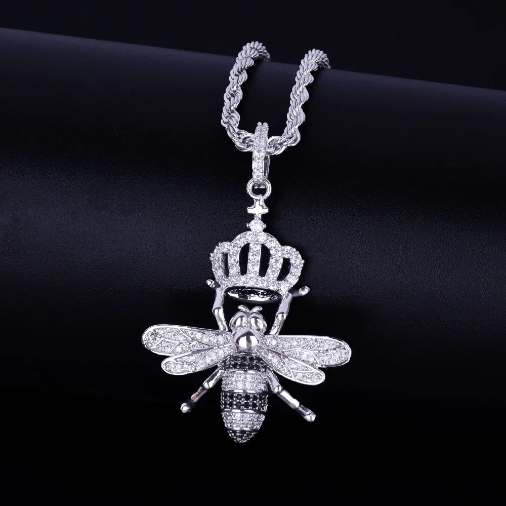 Animal Crown Bee Ketting Hangers Goud Zilver Kleur Iced Kubieke Zirkoon heren Hiphop Sieraden Met Tennis Chain299Y