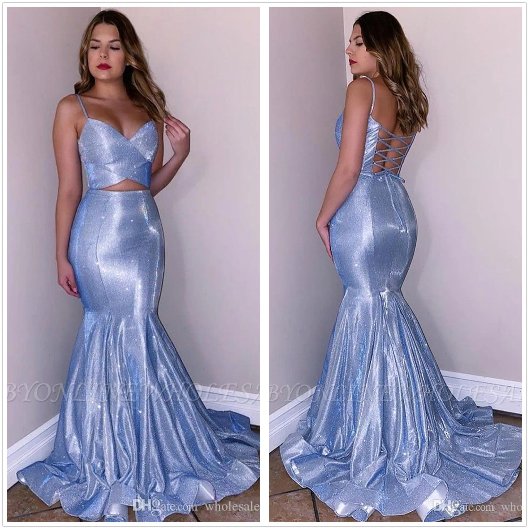 Fake Två bitar Mermaid Prom Klänningar 2020 Spaghetti Straps Ruched Backless Lång Formell Party Prom Kappor Kändisar Kändisar BC3302