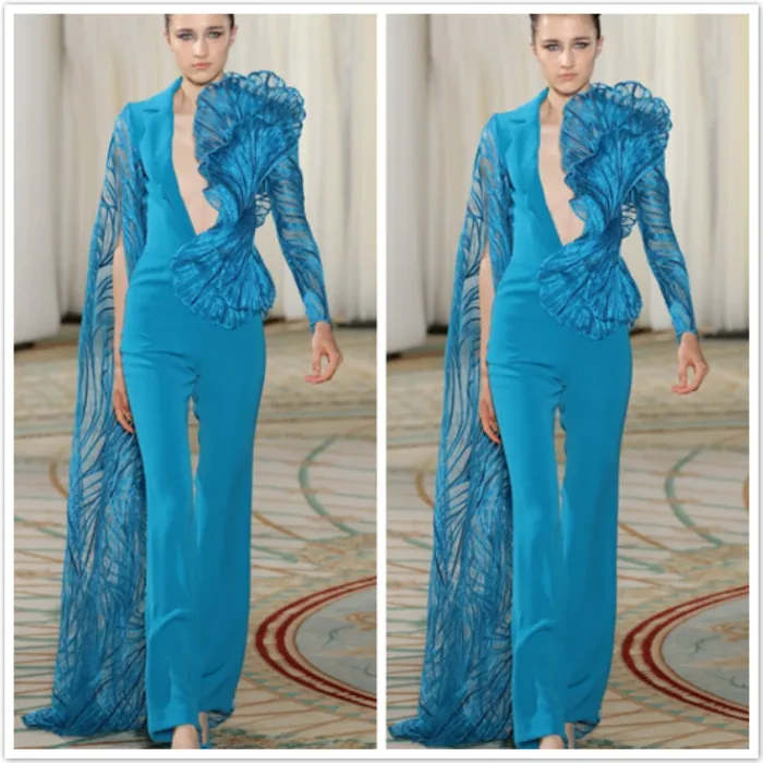 2020 High Couture Evening Dresses Jumpsuits Unique Design Long Sleeve Deep V Neck Prom Dress Ankle Length Celebrity Runway Fashion Gowns