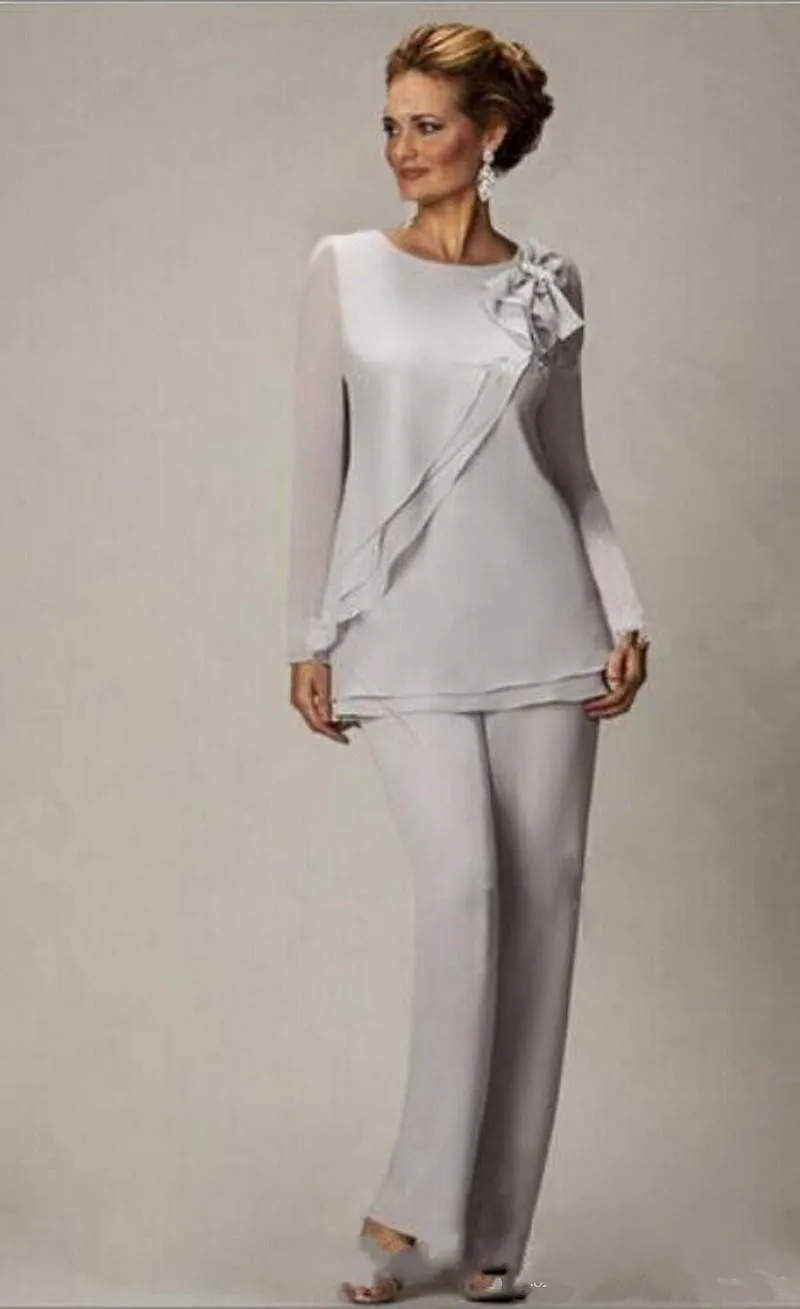 2019 Nowy Elegancki Plus Rozmiar Srebrny Spodnie Matki Garnitur Dla Matki Bride Fornal Zroszony Szyfonowa Party Wieczorowa Suknia Prom Dress