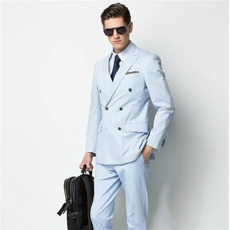 Brand New Side Slit Site Breasted Sky Blue Groom Tuxedos Peak Lapel Mężczyźni Garnitury Ślub / Prom / Kolacja Best Man Blazer (Kurtka + Spodnie + Krawat) W336