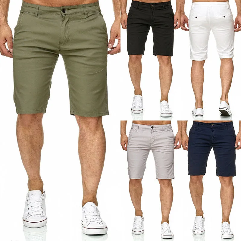 Cool Hommes Slim Fit Coton Solid Coton Blend Soft Travail Uniforme genou Longueur Casual Short Armée Été Armée Vert Blanc Blanc Beige Shorts