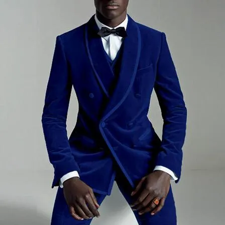 Royal Blue Velvet Bröllop Tuxedos Slim Fit Suits Groom Outfit Men Party Prom Wear (Jacka + Byxor + Vest + Bow Slips) Grön Svart