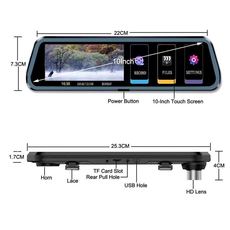 Cheap 10 Inch Stream Media Car DVR ,Full HD 1080P Rearview Mirror