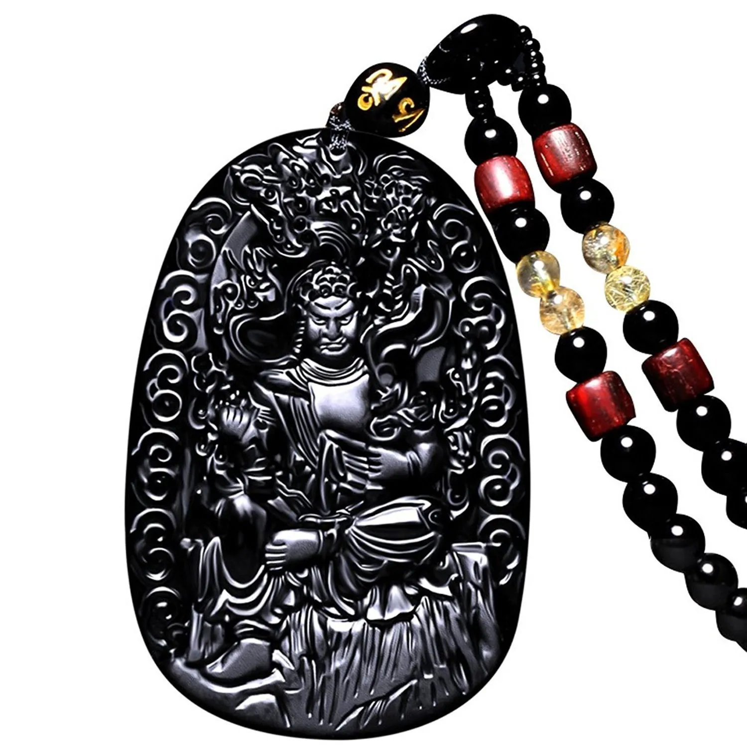 Joyería fina Pure Obsidian Inmovible Ming King Bodhisattva Acala Buda Collar Colgante Envío Gratis