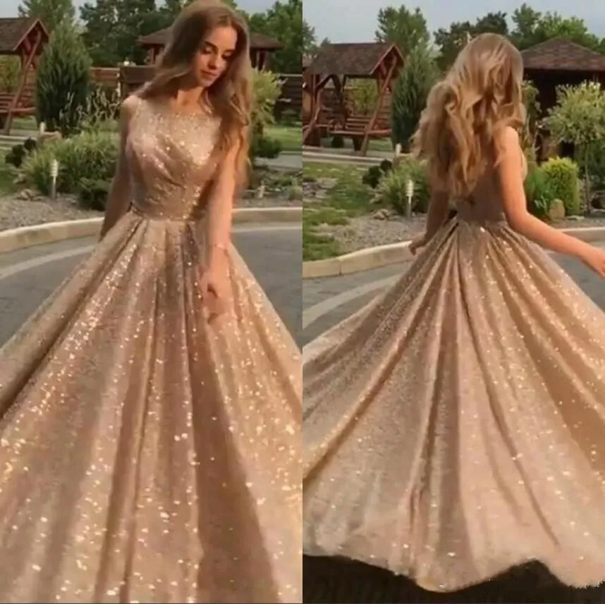 Prom Bling Sequin Jewel Neck A-Line Sleeveless Evening Gowns Celebrity Party Wear Custom Made Special Ocn Dresses