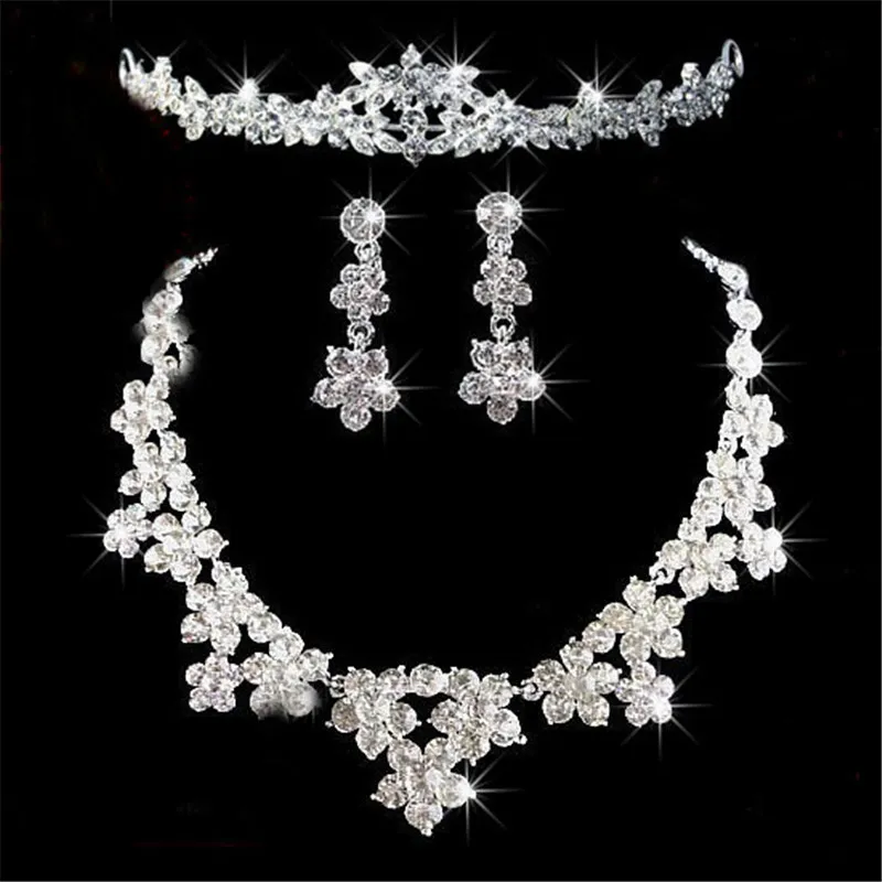 Romantic Crystal Three Pieces Jewelry Sets Flowers Bridal Jewelry Set Bride Necklace Earring Crown Tiaras Wedding Party Accessories