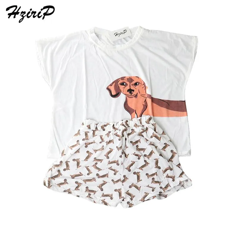 Hzirip Bomull Sommar Kvinnor Pyjamas Sätter Hem Dachshund Printing Söt Loose Pajama Kortärmad TEE Top Hot Shorts Suit Plus Size